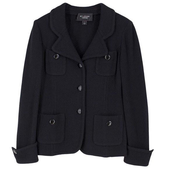St. John Caviar Long Sleeve Texture Waffle Black Knit Blazer Jacket Size 10 - Picture 2 of 7